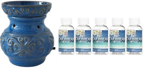 Hosley Blue Ceramic Electric Warmer and Caribbean Breeze Scented Oil Set