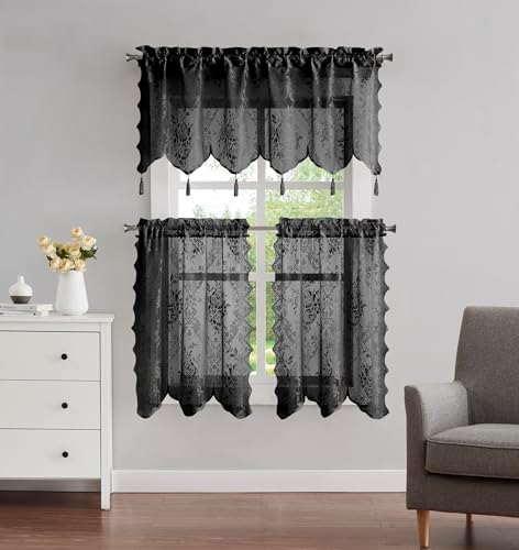 Warm Home Designs 3 Piece Black Lace Kitchen Curtain Set