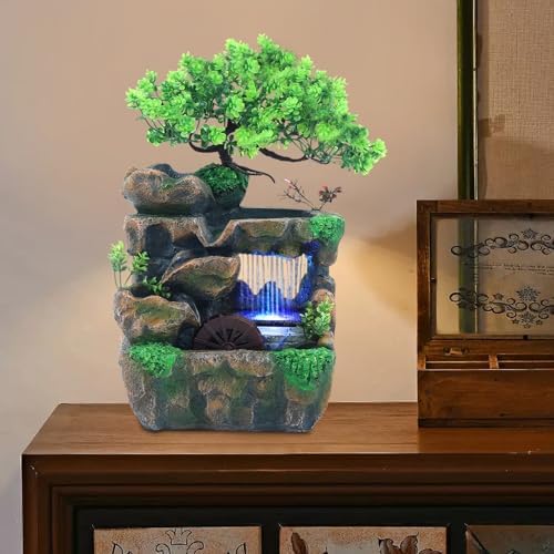 Indoor Bonsai Waterfall Fountain with LED Lights and Windmills