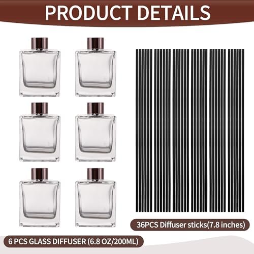 6 Pack Transparent Glass Diffuser Bottles with Black Sticks