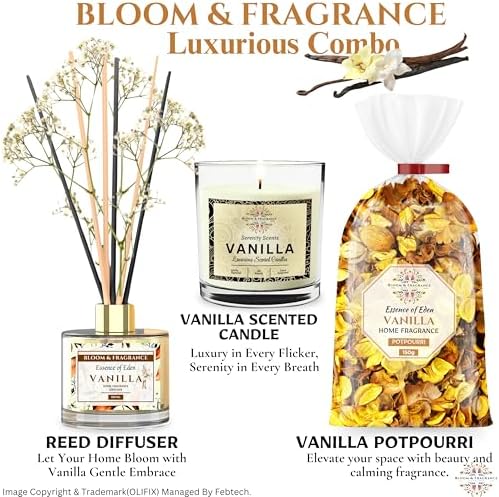 Vanilla Home Fragrance Gift Set with Reed Diffuser Candle and Potpourri