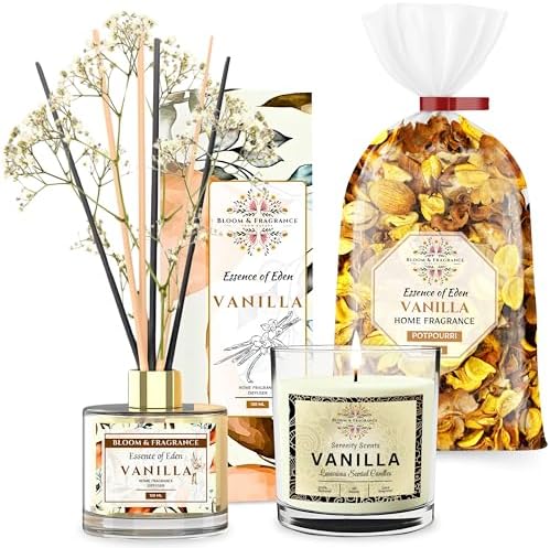 Vanilla Home Fragrance Gift Set with Reed Diffuser Candle and Potpourri