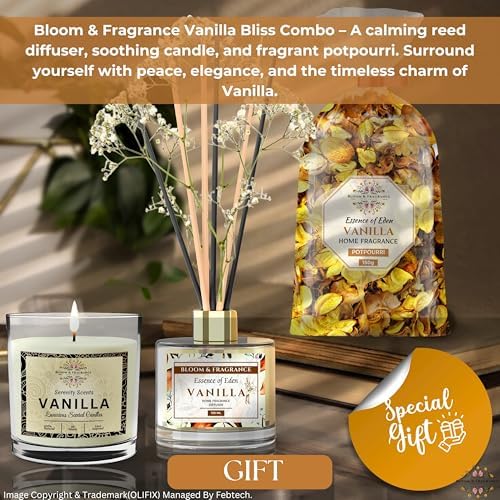 Vanilla Home Fragrance Gift Set with Reed Diffuser Candle and Potpourri