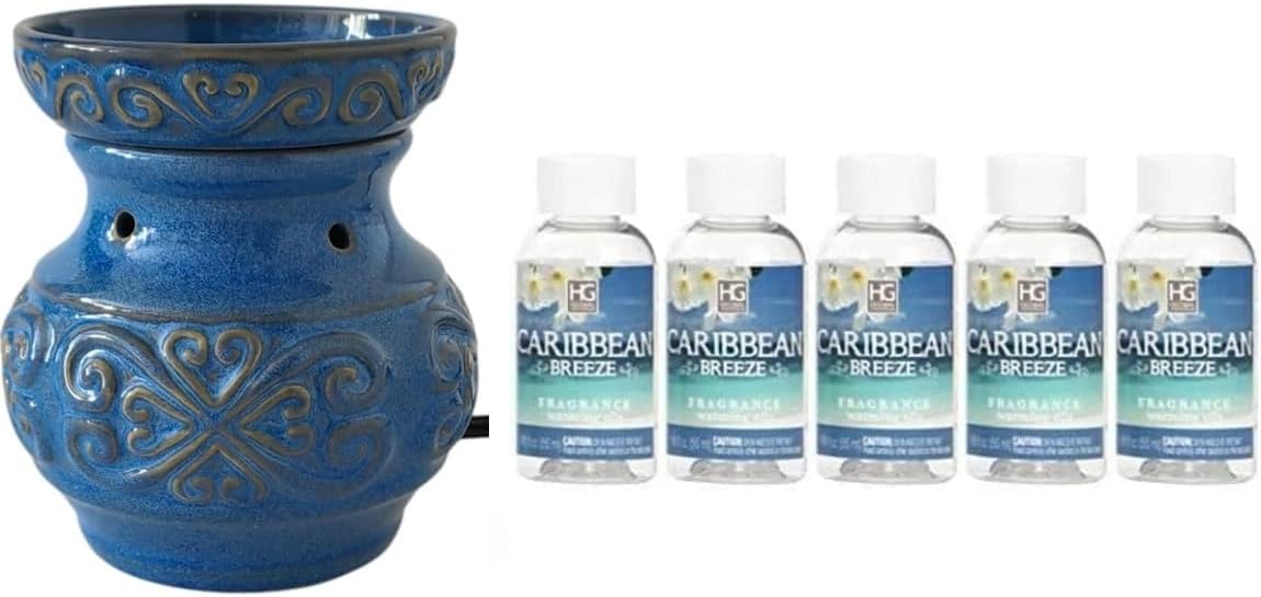 Hosley Blue Ceramic Electric Warmer and Caribbean Breeze Scented Oil Set