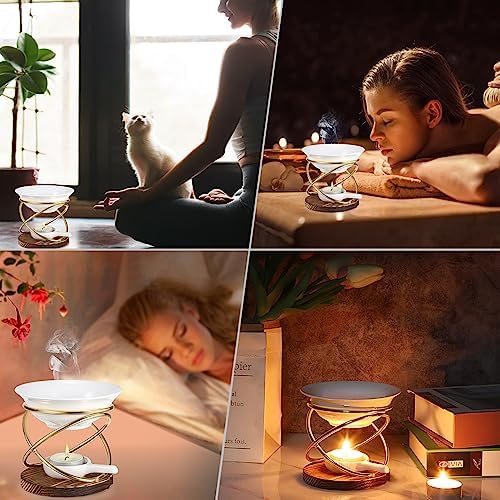 JUXYES Rustic Candle Wax Melt Warmer with Metal Rack and Ceramic Pool