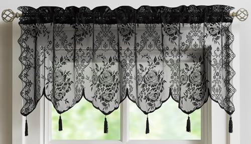 LinenZone Sheer Lace Valance with 6 Tassels and Scalloped Bottom