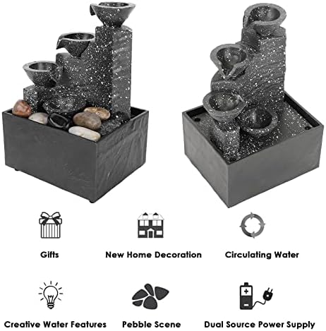 4 Tier Tabletop Fountain with LED Lights and River Rocks