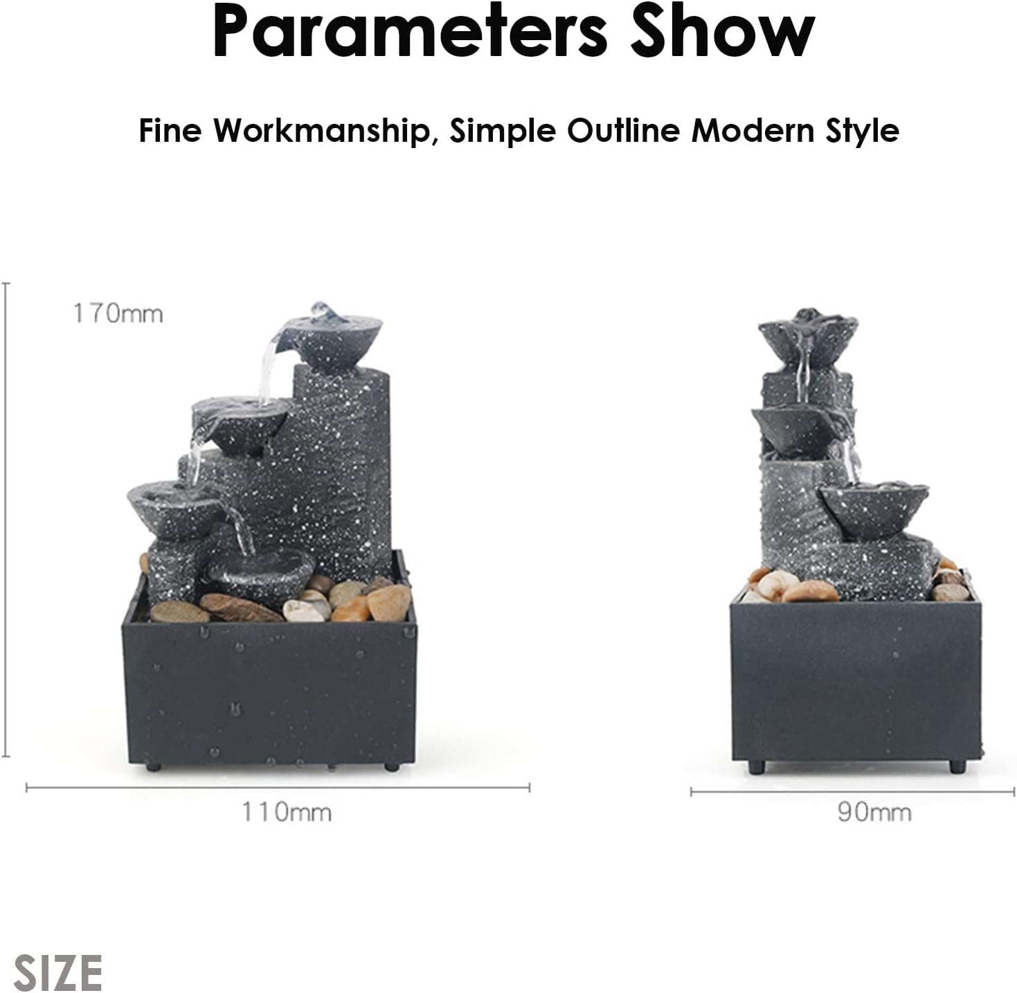 4 Tier Tabletop Fountain with LED Lights and River Rocks
