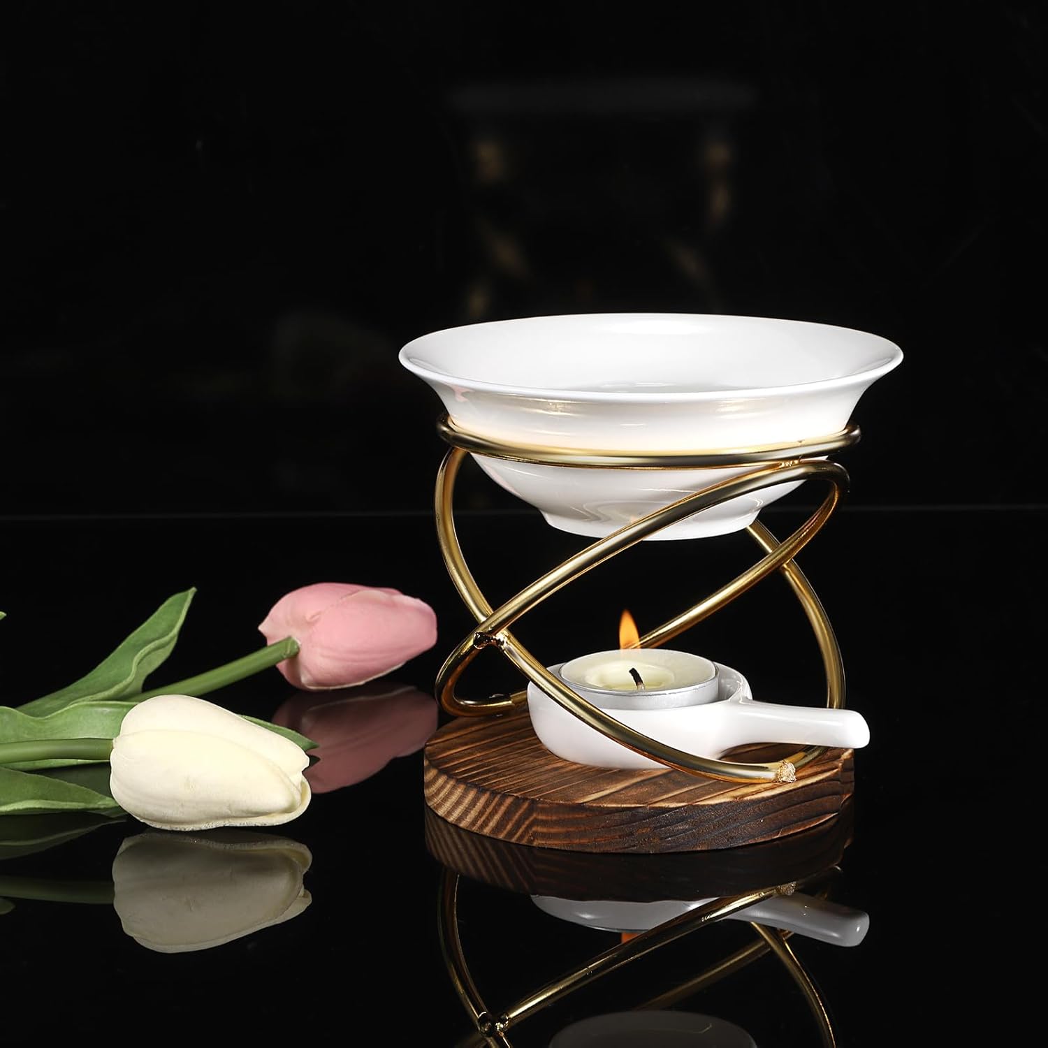 JUXYES Rustic Candle Wax Melt Warmer with Metal Rack and Ceramic Pool