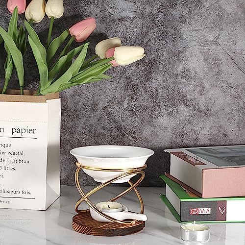 JUXYES Rustic Candle Wax Melt Warmer with Metal Rack and Ceramic Pool