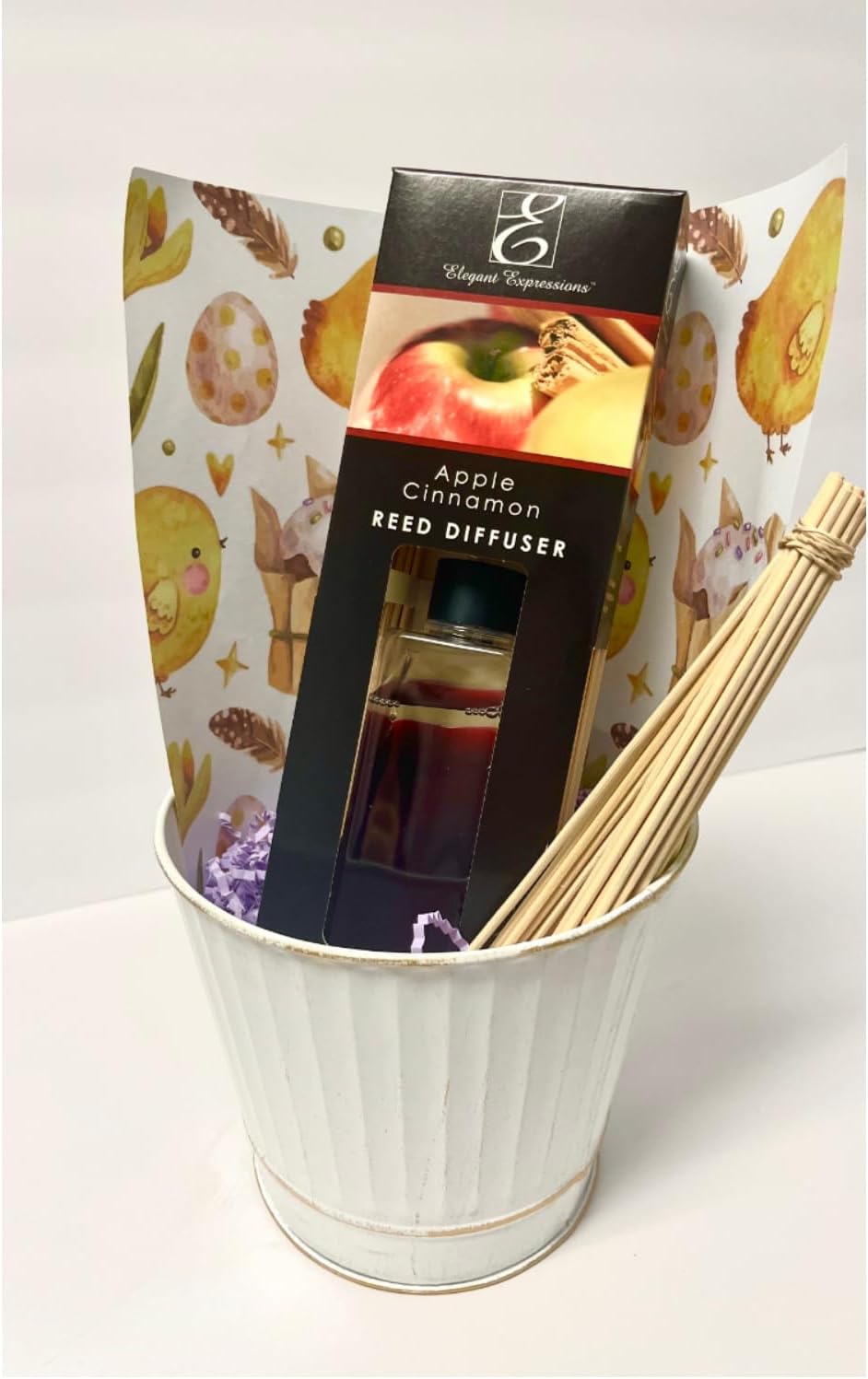 Hosley Easter Basket Gift Set with Metal Pail and Apple Cinnamon Reed Diffuser