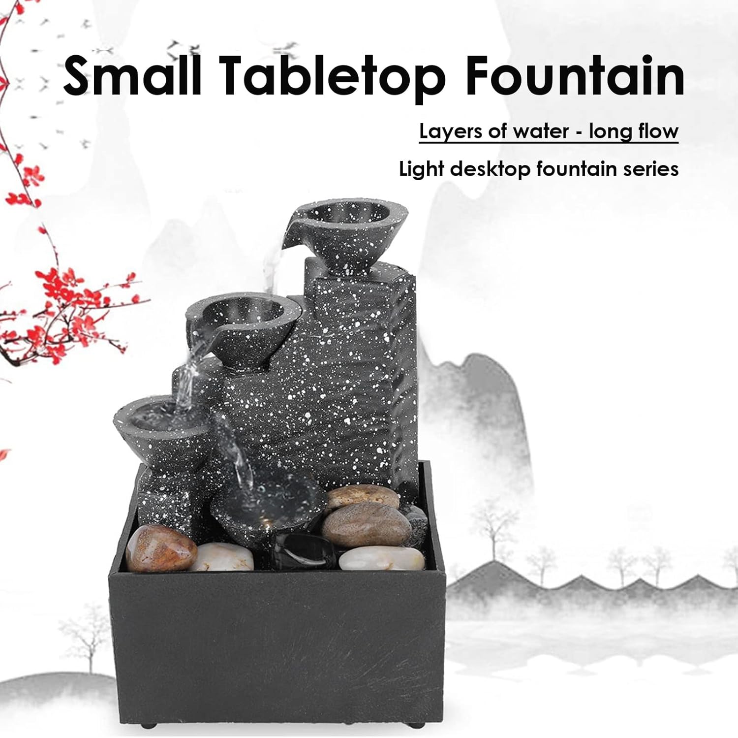 4 Tier Tabletop Fountain with LED Lights and River Rocks