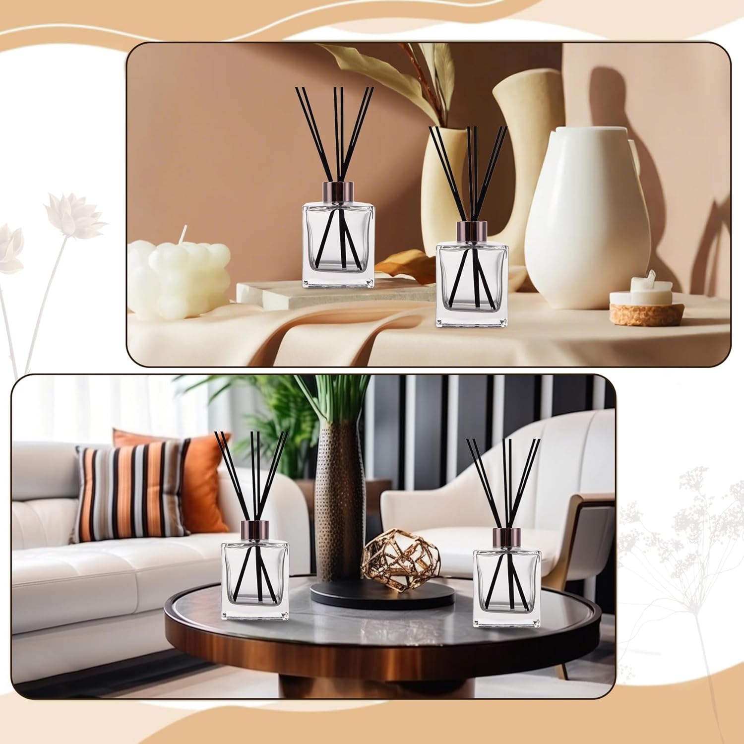 6 Pack Transparent Glass Diffuser Bottles with Black Sticks