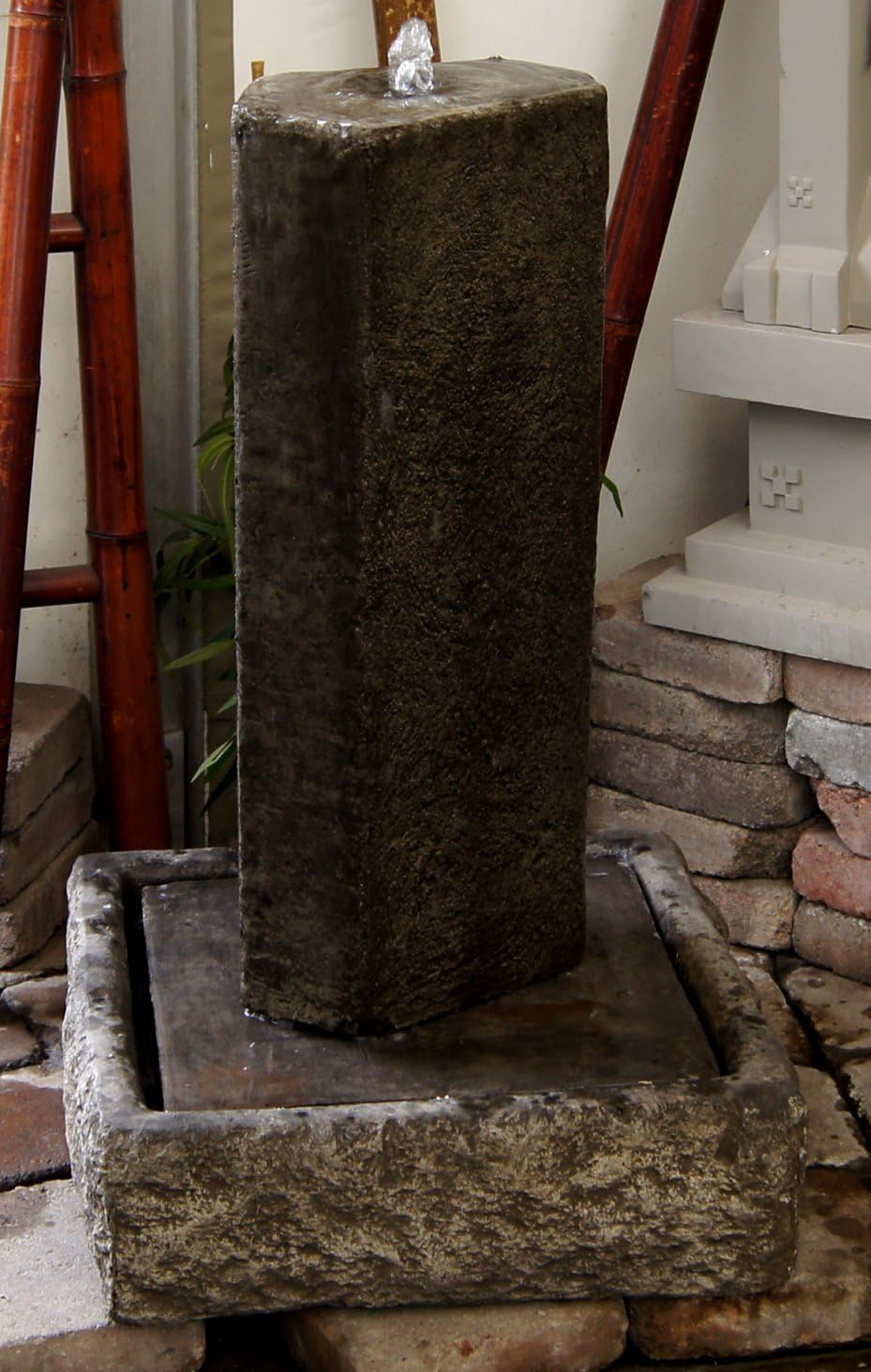 Basalt Water Fountain with Meditating Buddha and Bench
