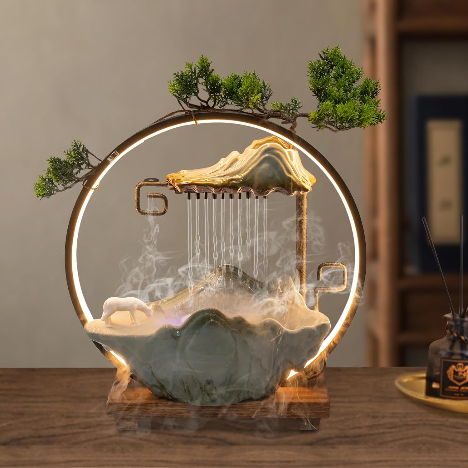 Tabletop Water Fountain with Mist and LED for Meditation