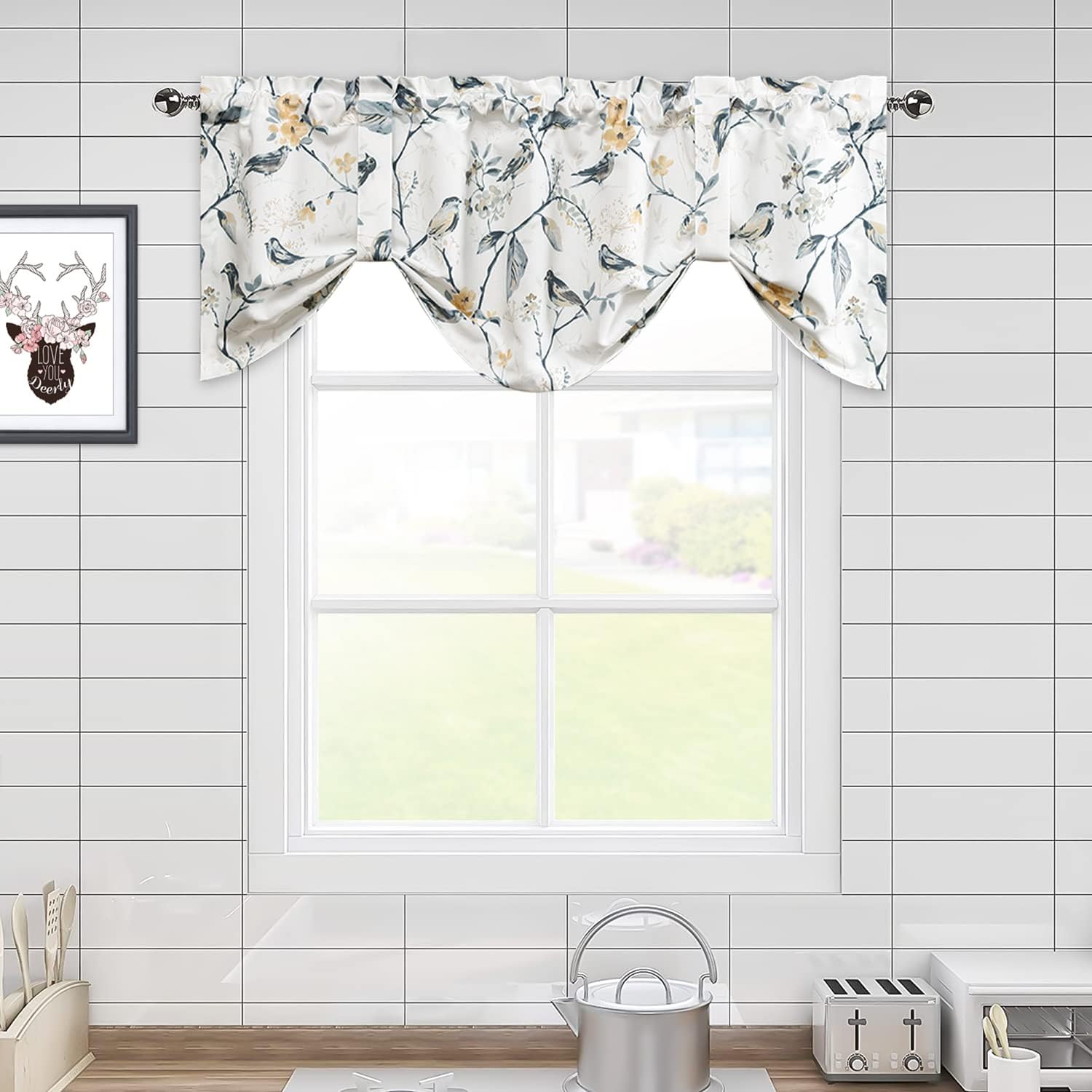 Leeva Birds Pattern Valance for Window 52x18 Inch Grey