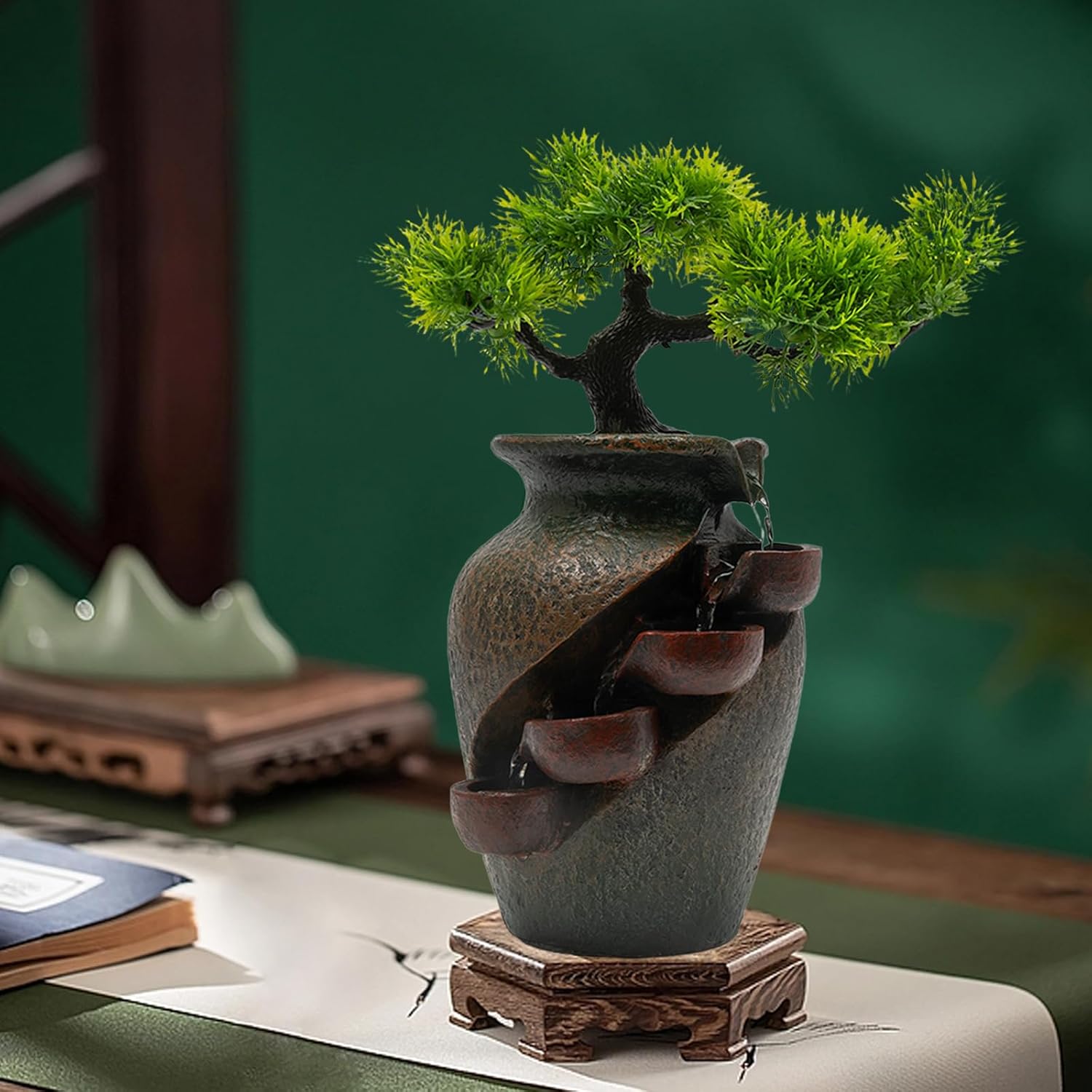 Ageanbri Indoor Tiered Water Fountain with Plants Decor