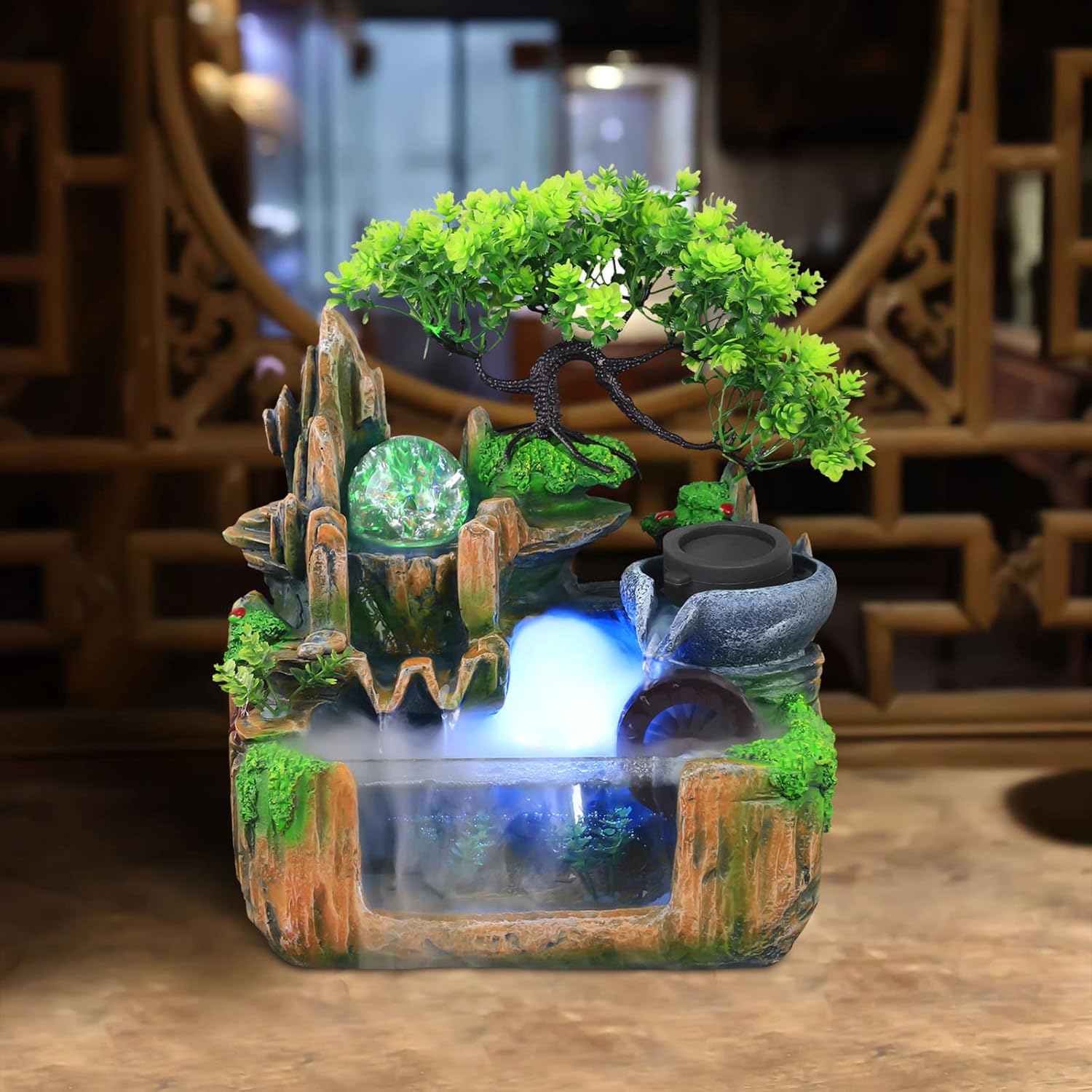 Mini Indoor Rockery Fountain with LED Light and Misting Effect