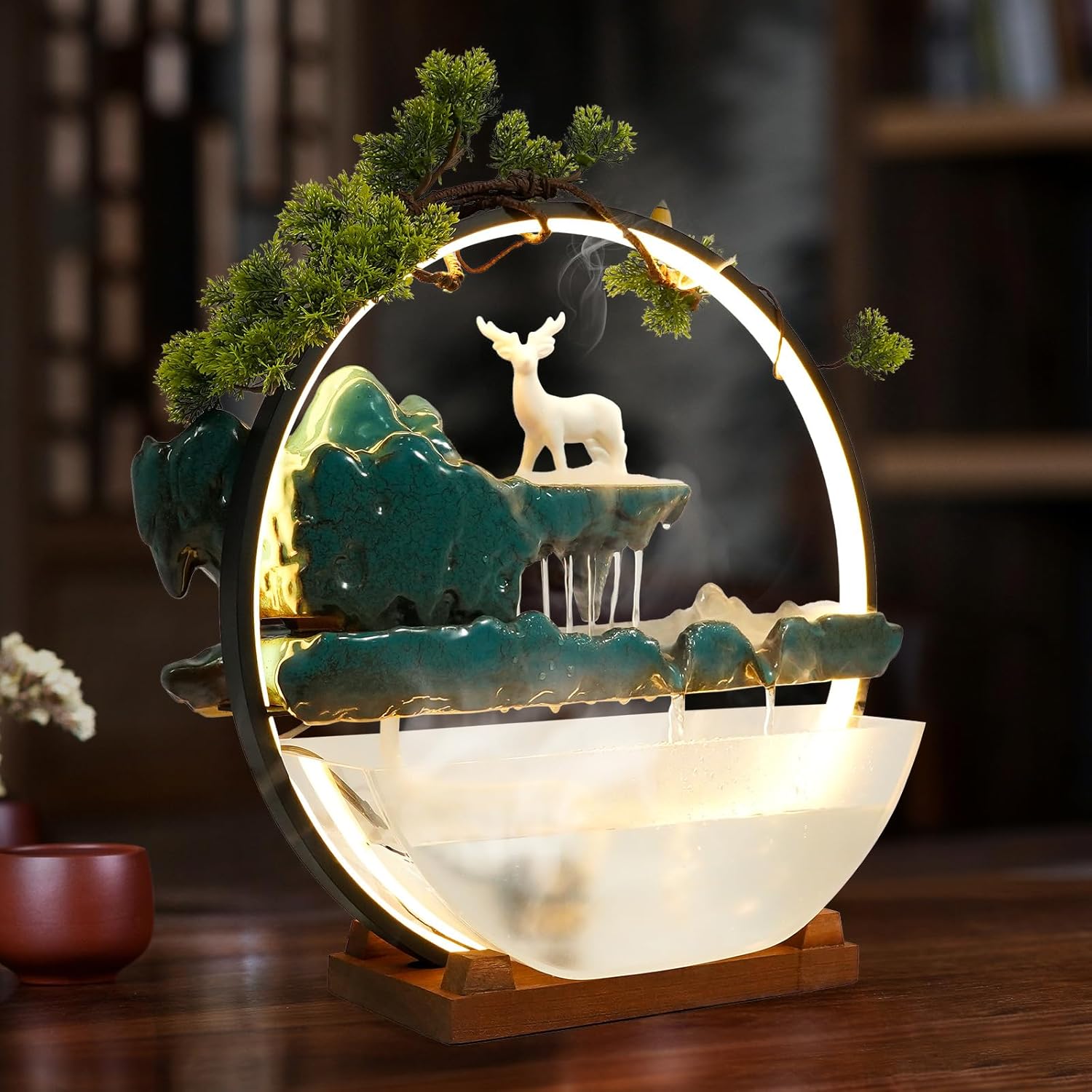 Eapmic Desktop Waterfall Fountain with Fish Tank and LED Light