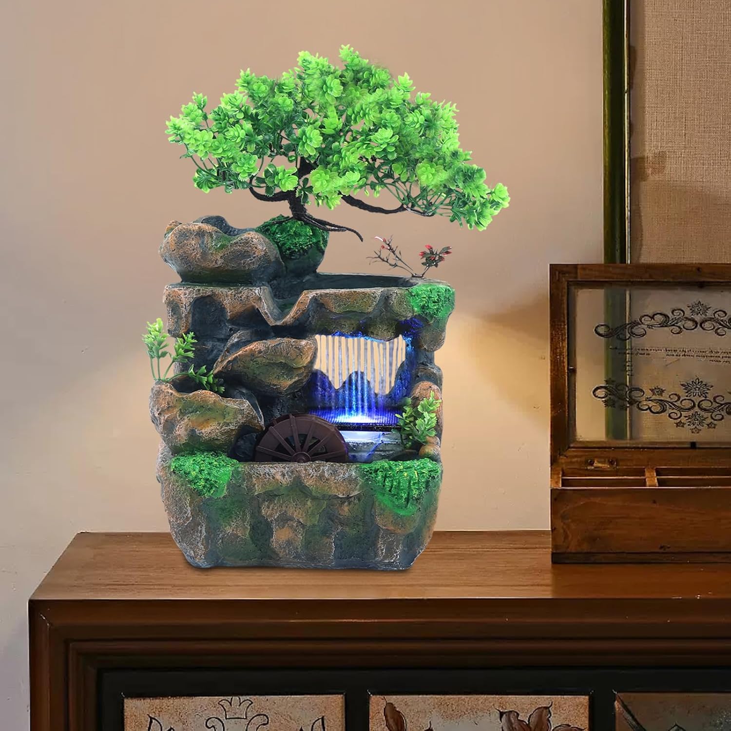 Indoor Bonsai Waterfall Fountain with LED Lights and Windmills