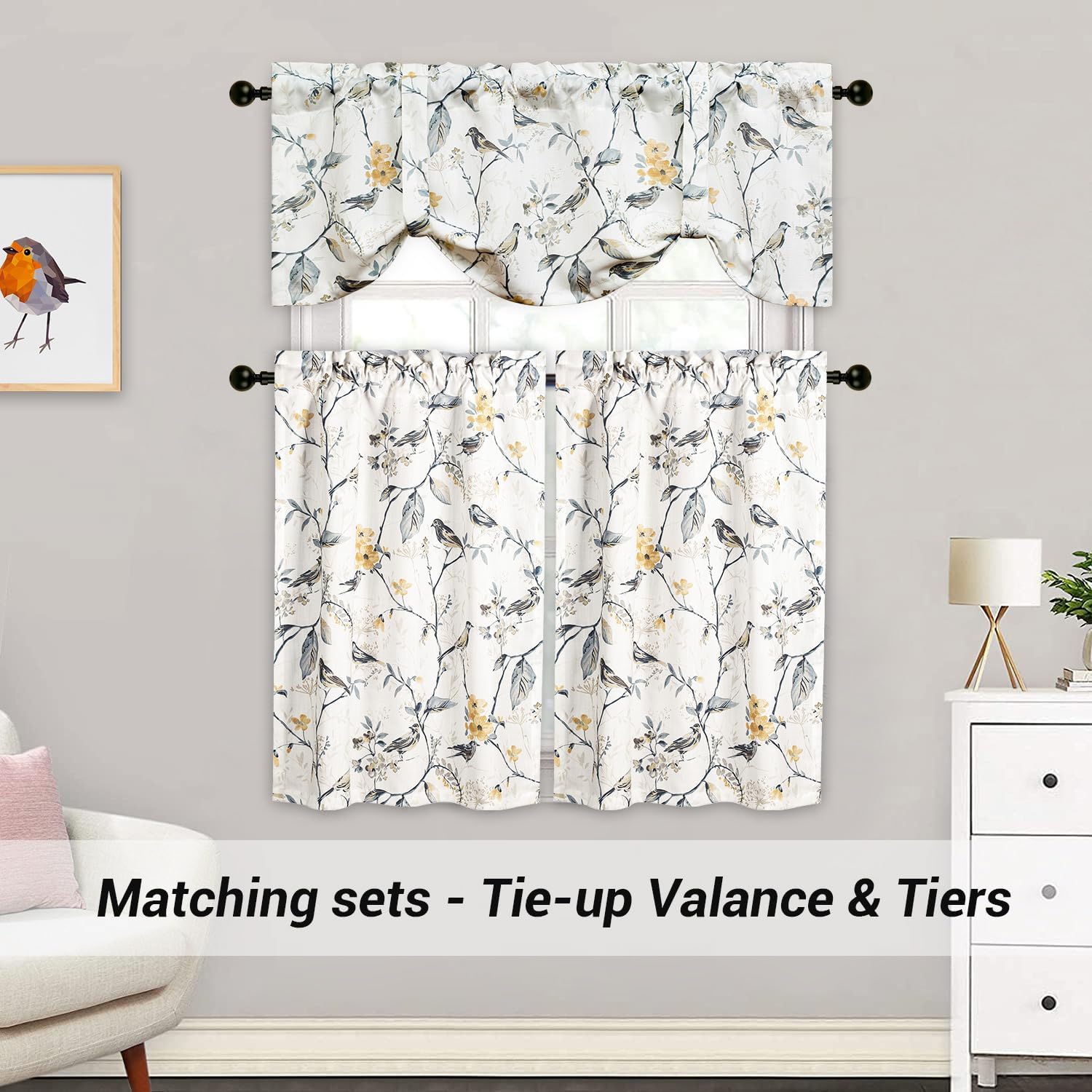 Leeva Birds Pattern Valance for Window 52x18 Inch Grey