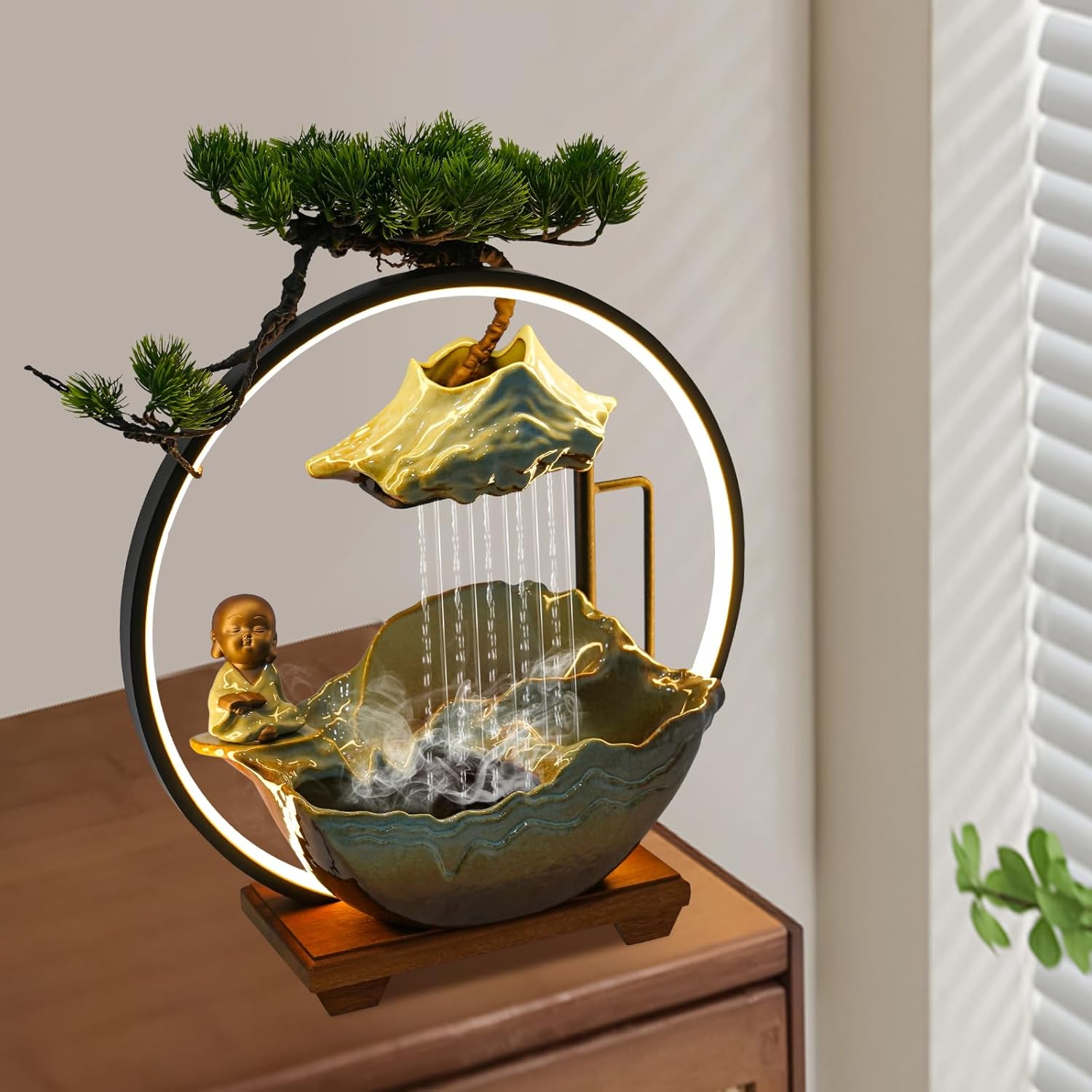 Ceramic Tabletop Water Fountain with Pump and LED Light