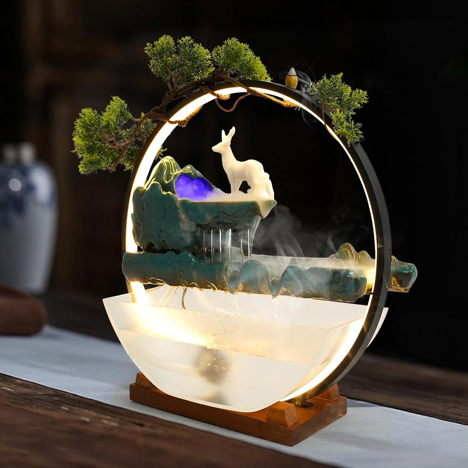 Eapmic Desktop Waterfall Fountain with Fish Tank and LED Light