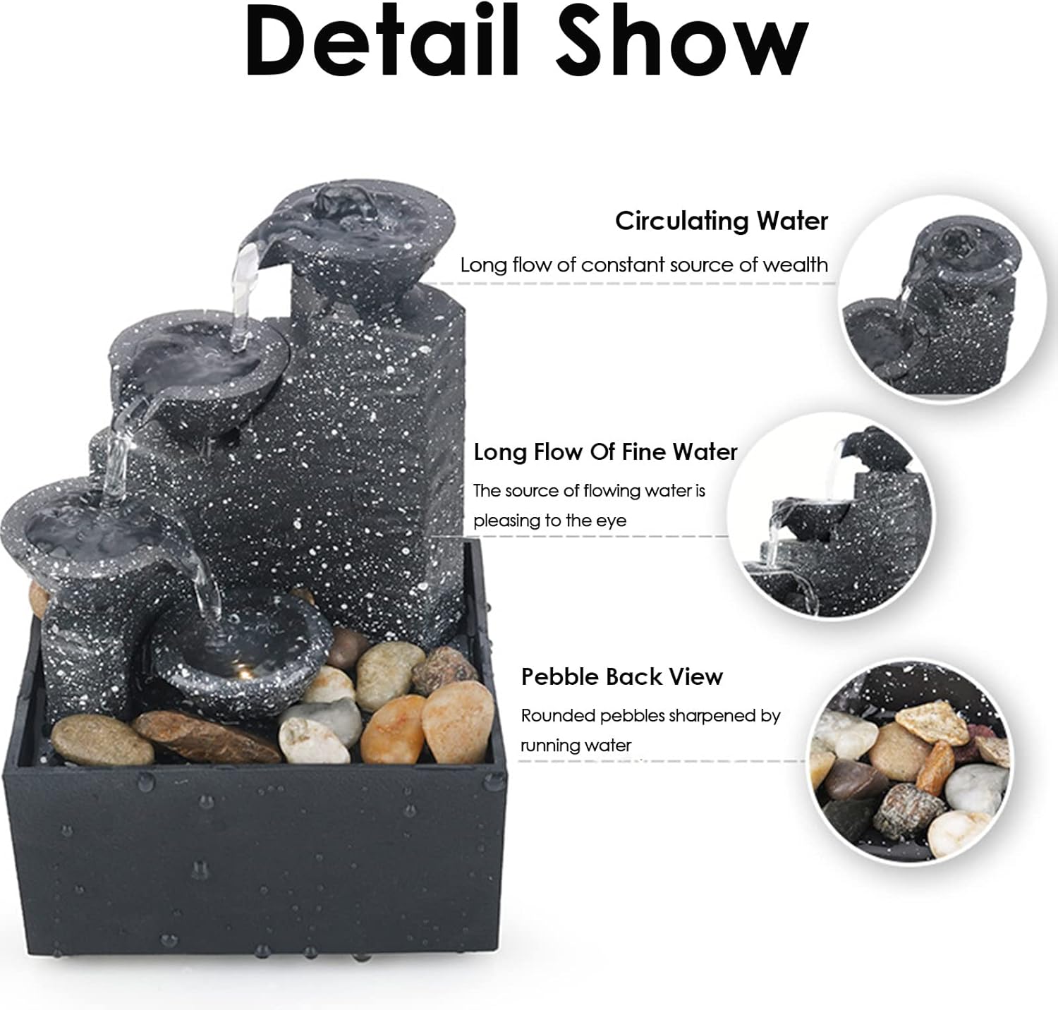 4 Tier Tabletop Fountain with LED Lights and River Rocks