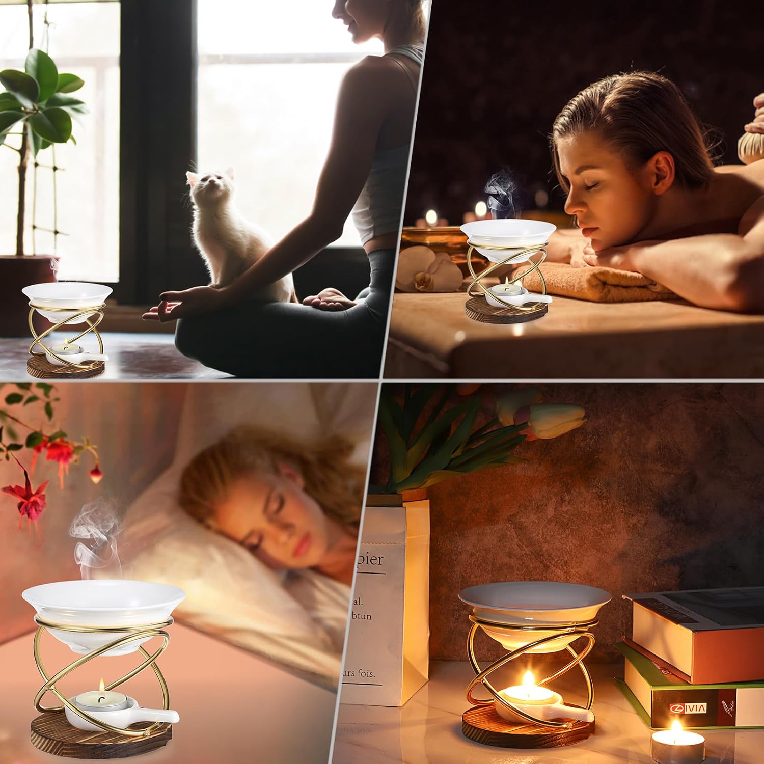 JUXYES Rustic Candle Wax Melt Warmer with Metal Rack and Ceramic Pool