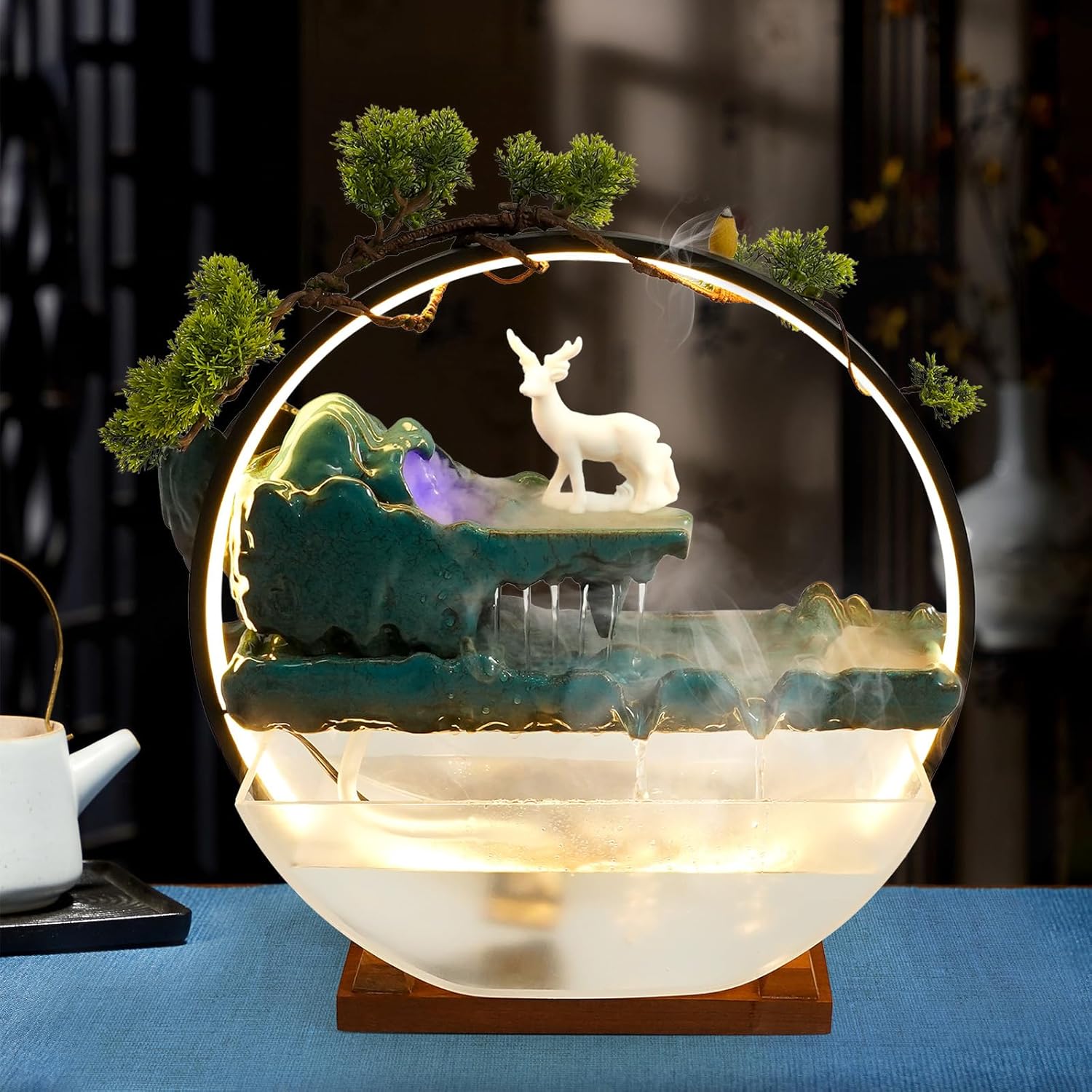 Eapmic Desktop Waterfall Fountain with Fish Tank and LED Light