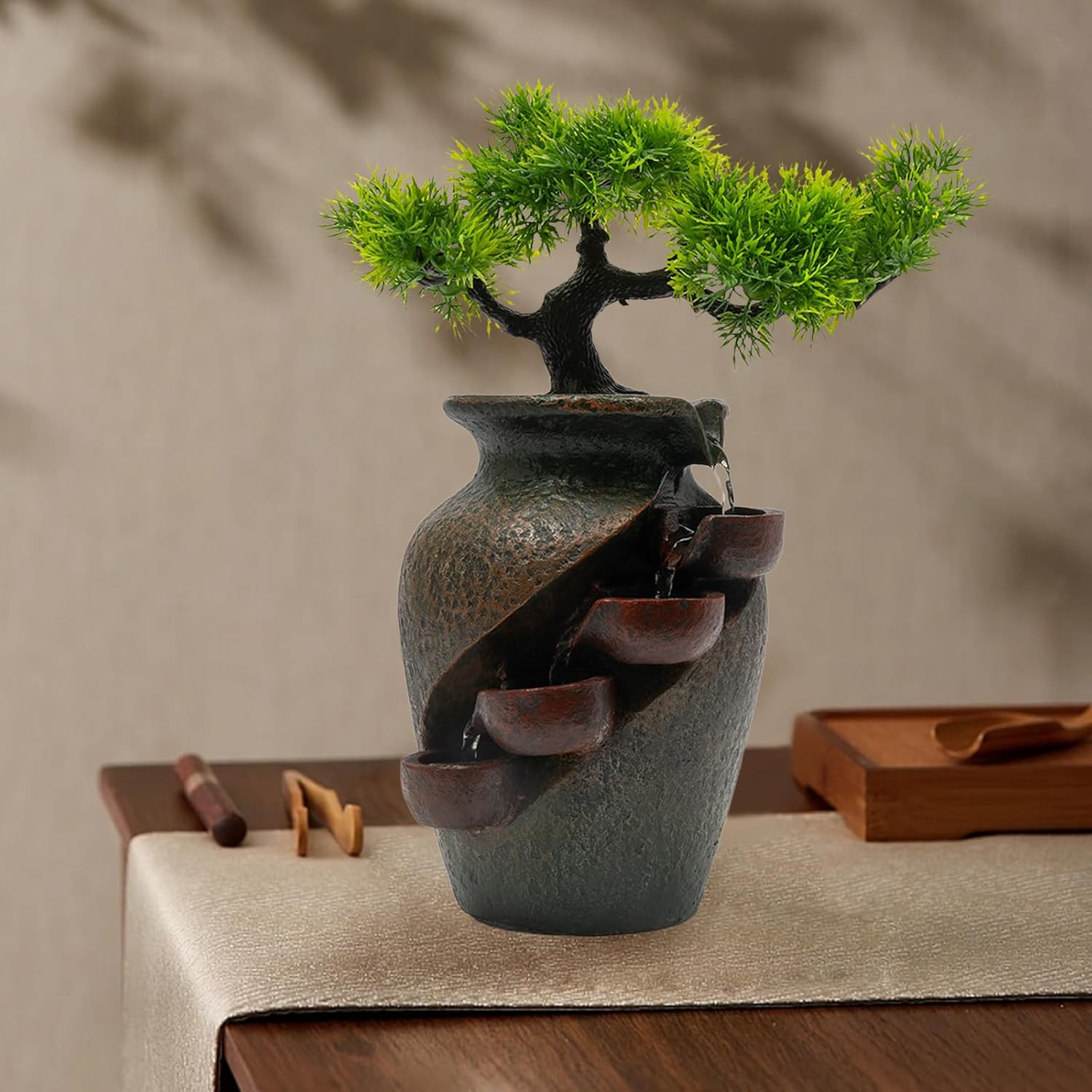 Ageanbri Indoor Tiered Water Fountain with Plants Decor