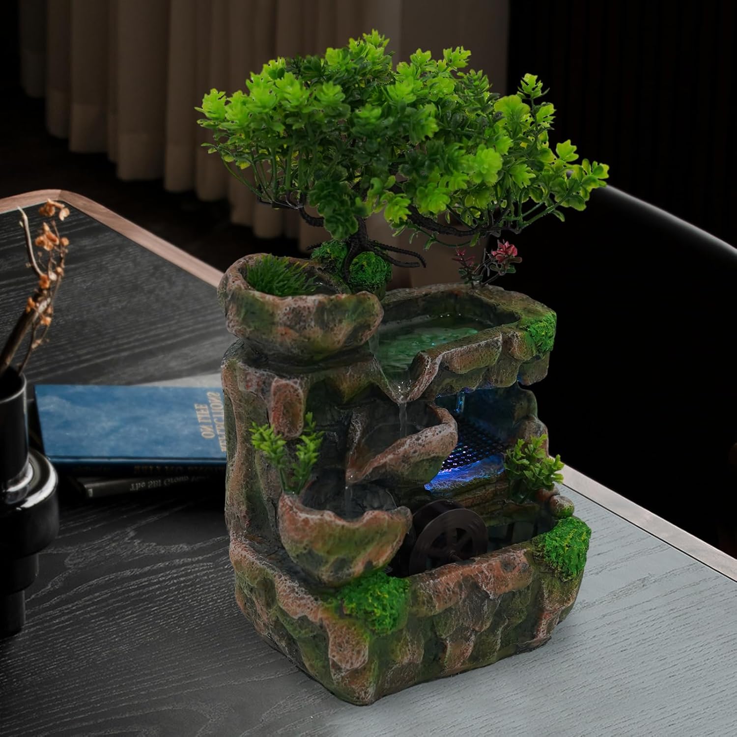 Kongkuni Tabletop Waterfall Fountain with LED Light and Pump