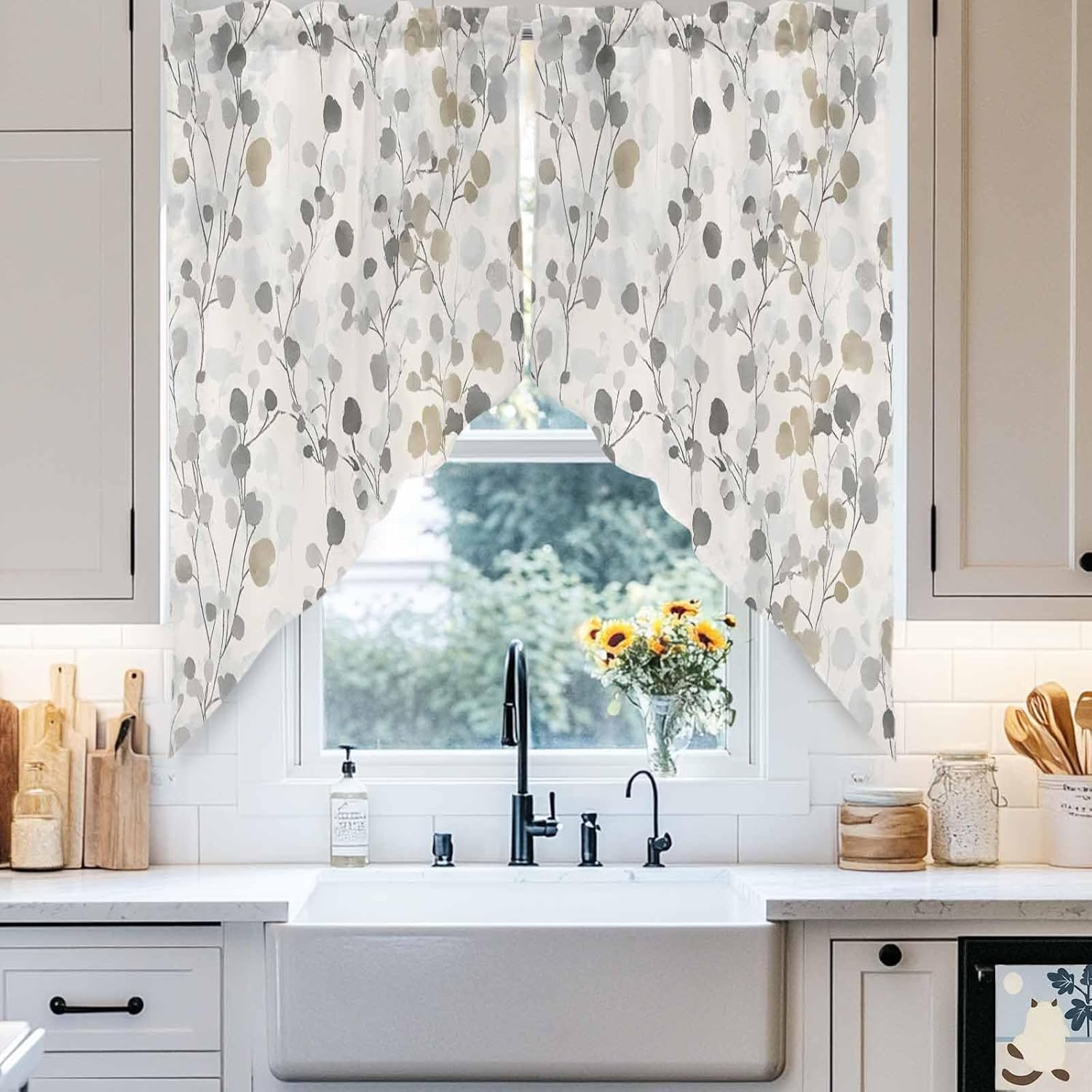 Gray Botanical Swag Valances 2 Panels Set 36 Inch