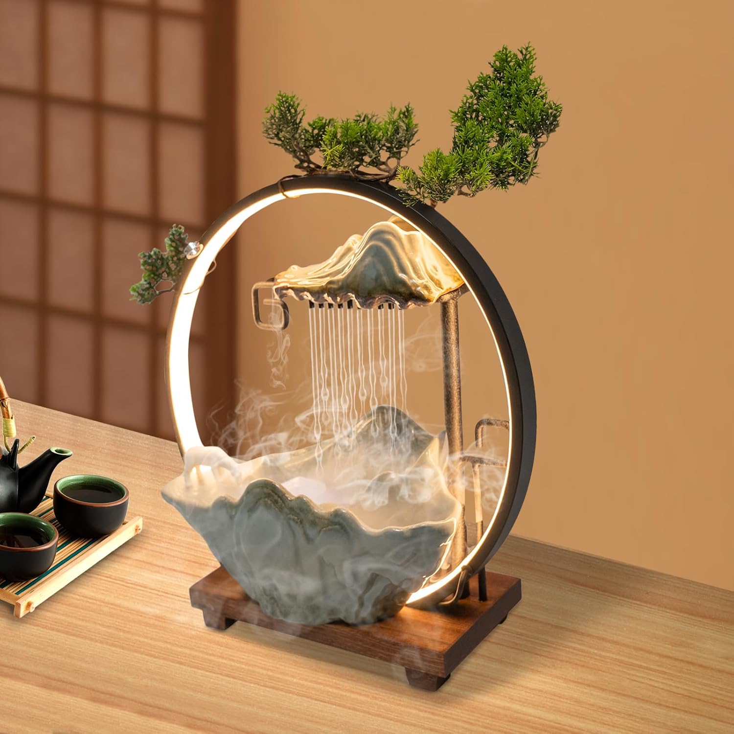 Tabletop Water Fountain with Mist and LED for Meditation