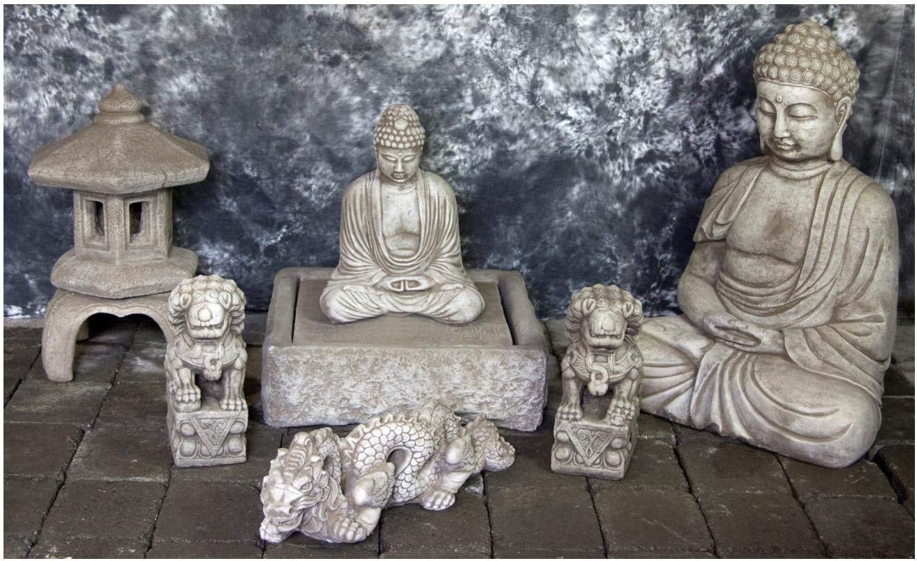 Sitting Buddha Fountain with Kamakura Lantern and Foo Dog Pair Package 1094