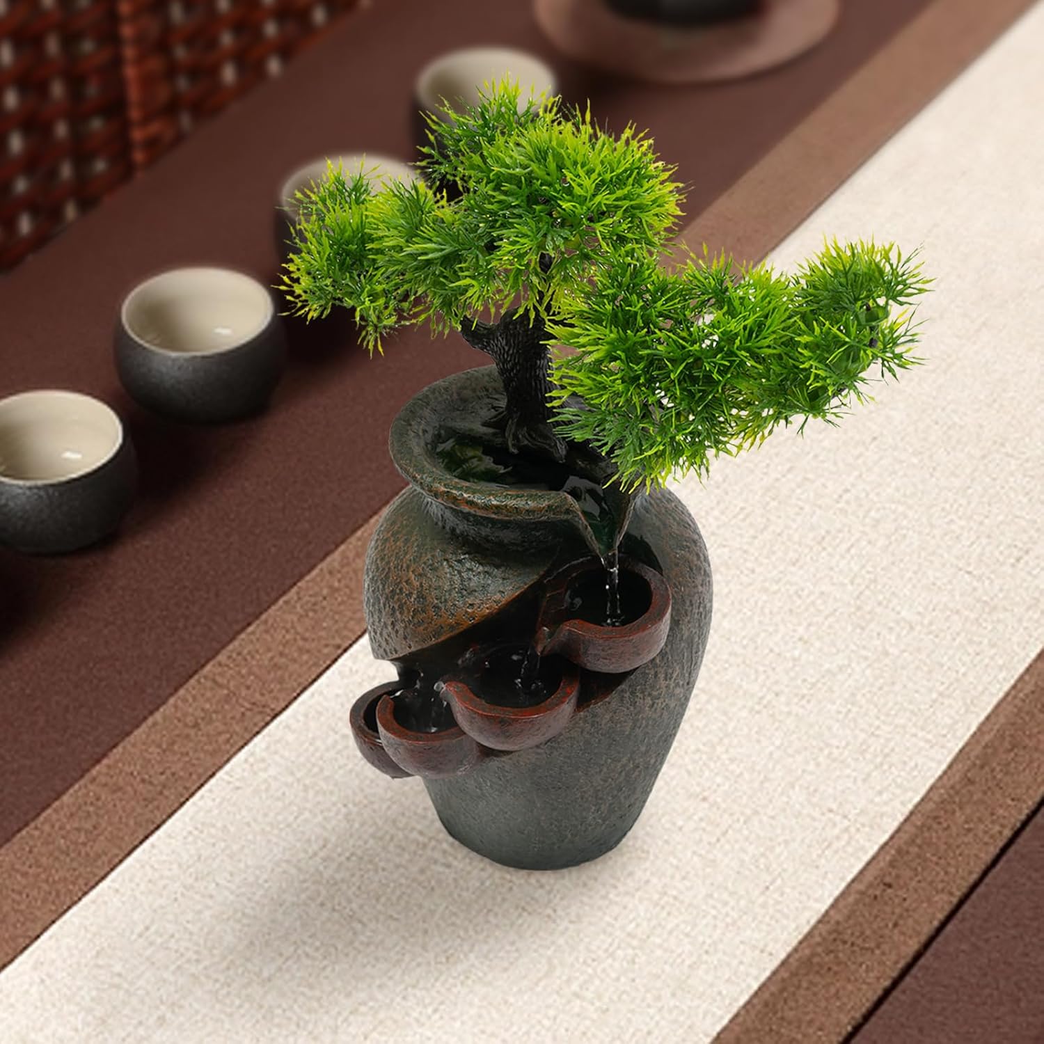 Ageanbri Indoor Tiered Water Fountain with Plants Decor