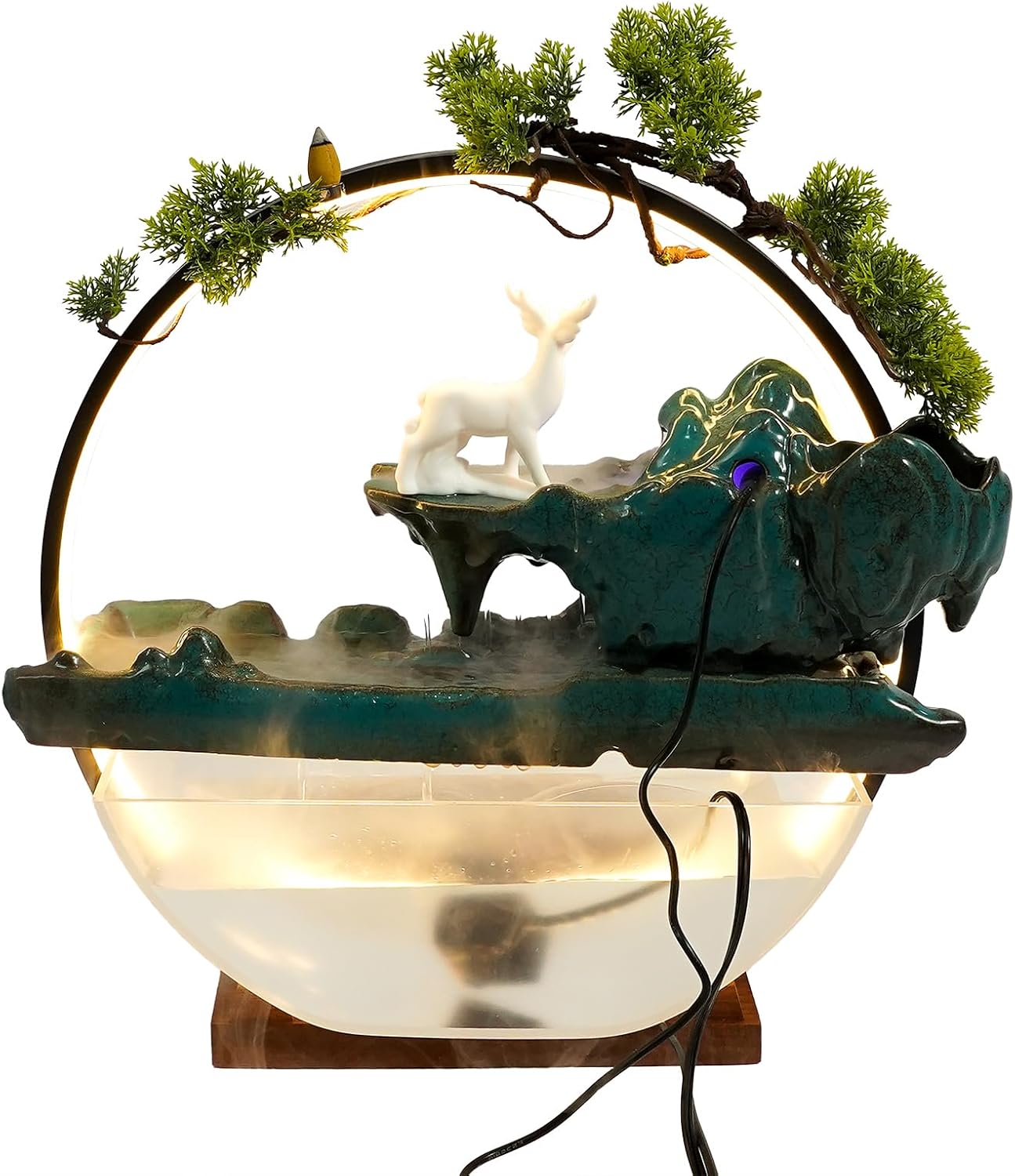 Eapmic Desktop Waterfall Fountain with Fish Tank and LED Light