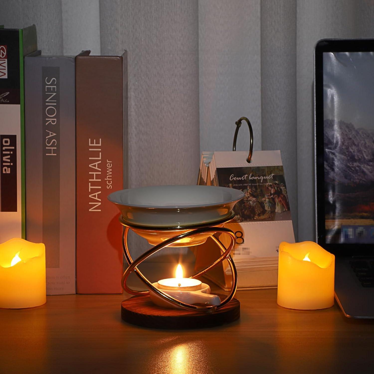 JUXYES Rustic Candle Wax Melt Warmer with Metal Rack and Ceramic Pool