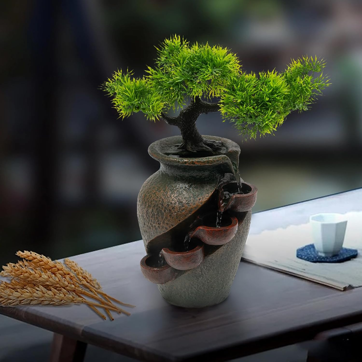 Ageanbri Indoor Tiered Water Fountain with Plants Decor