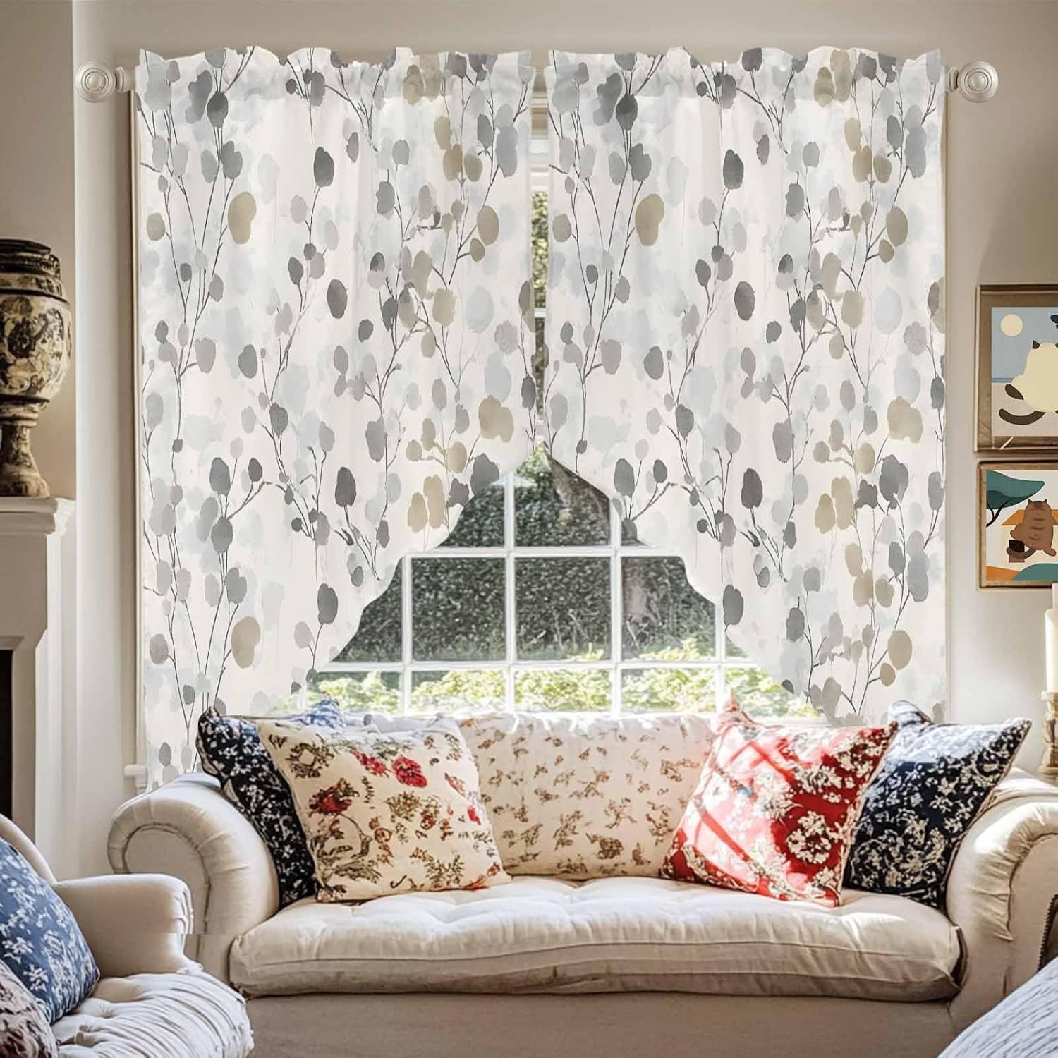 Gray Botanical Swag Valances 2 Panels Set 36 Inch