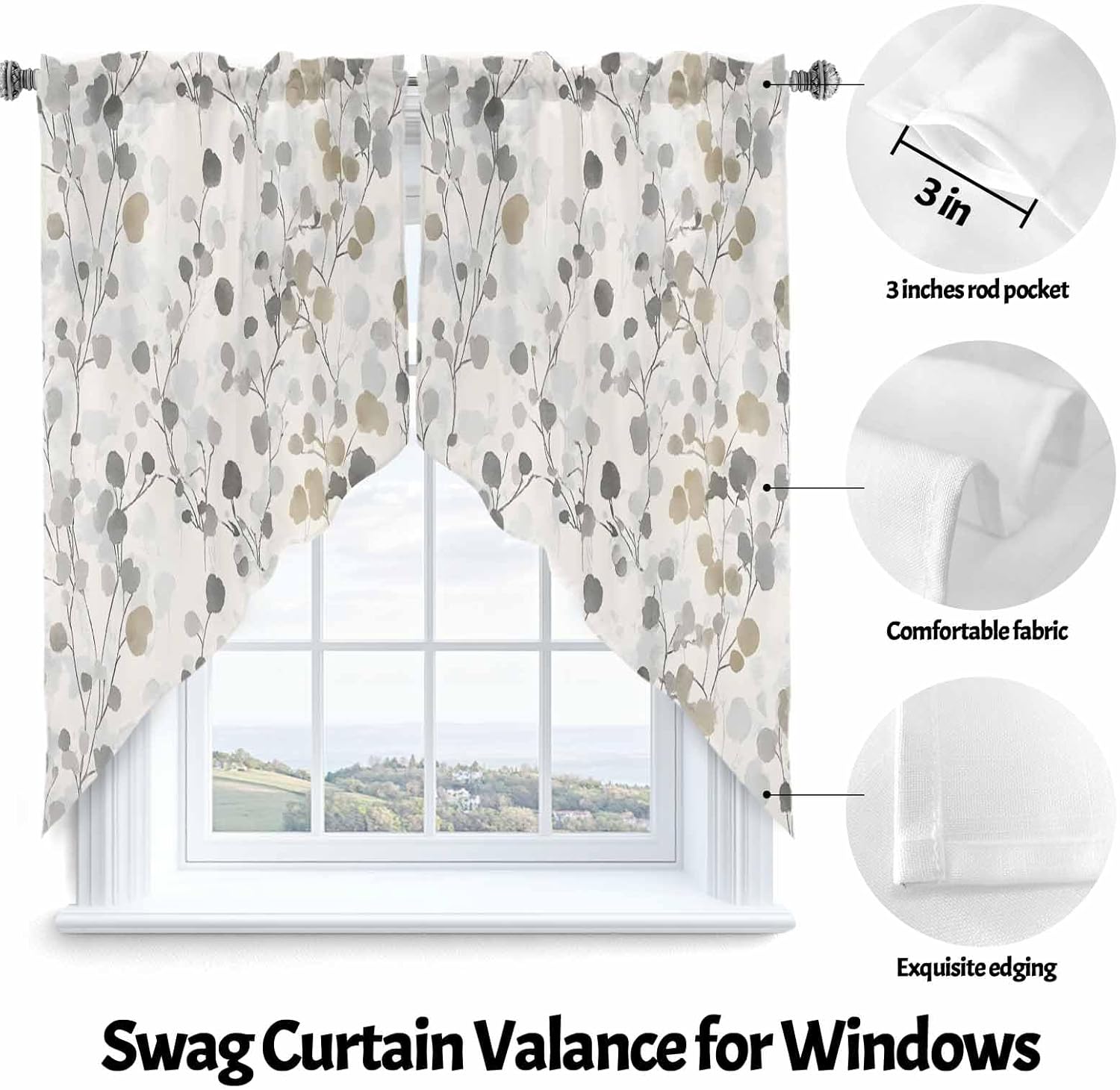 Gray Botanical Swag Valances 2 Panels Set 36 Inch