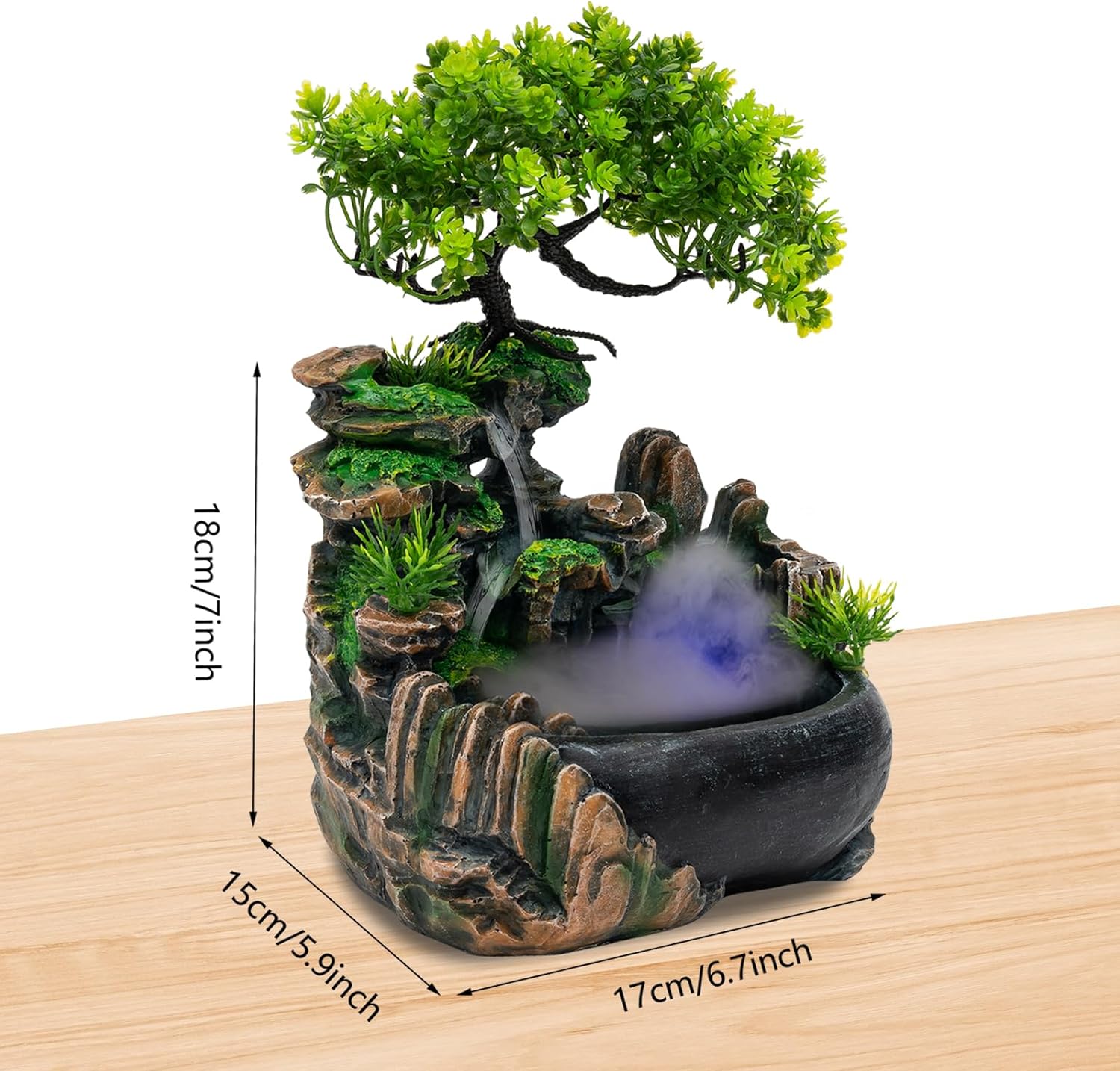 Atomizing Desktop Fountain with Bonsai and LED Light