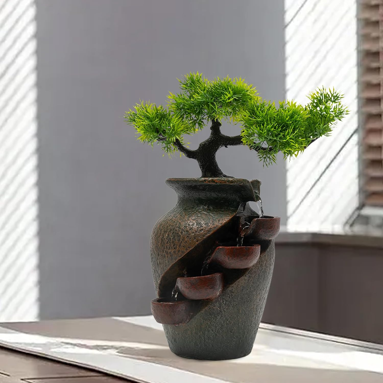 Ageanbri Indoor Tiered Water Fountain with Plants Decor