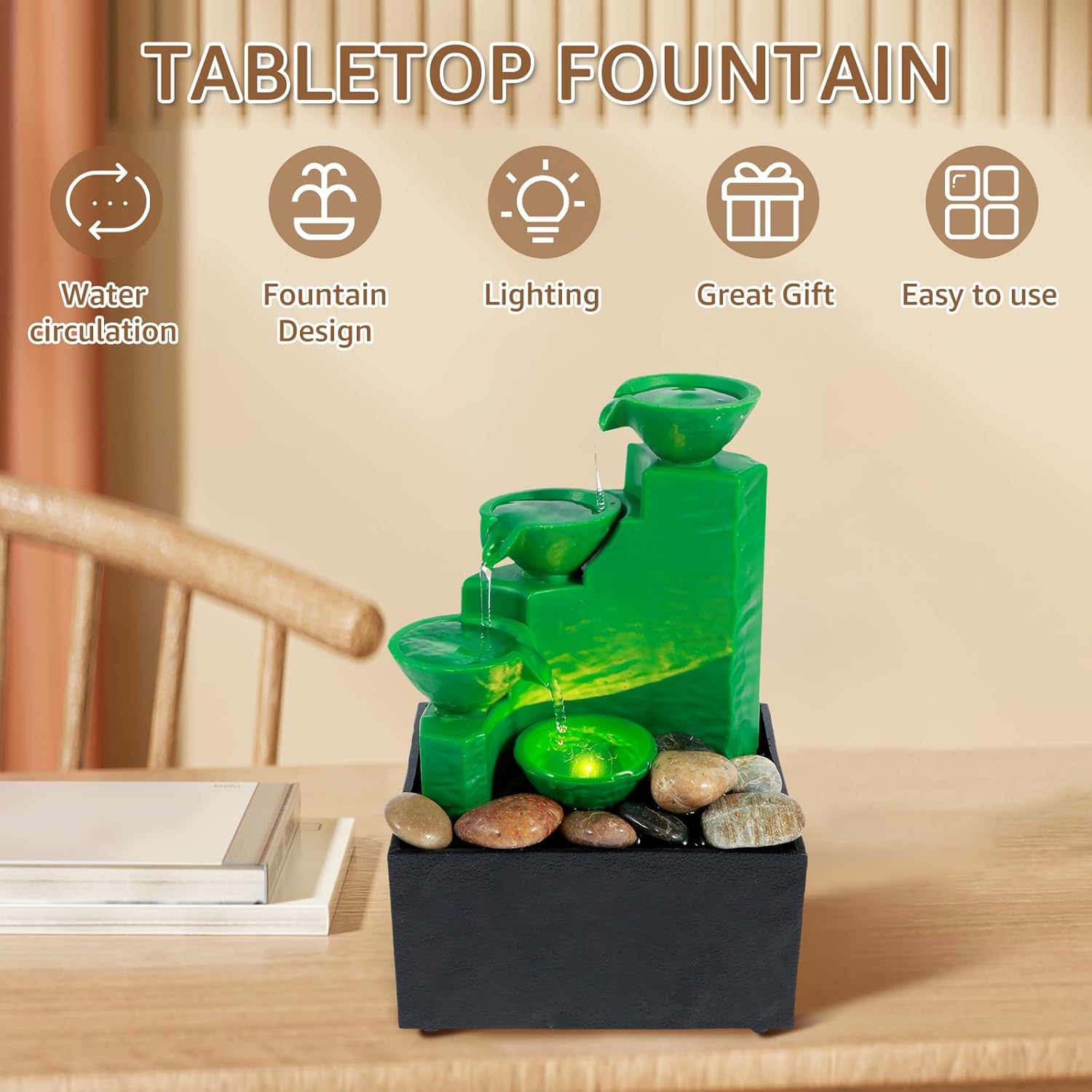 USB Powered Tabletop Waterfall Fountain with Light and Sound