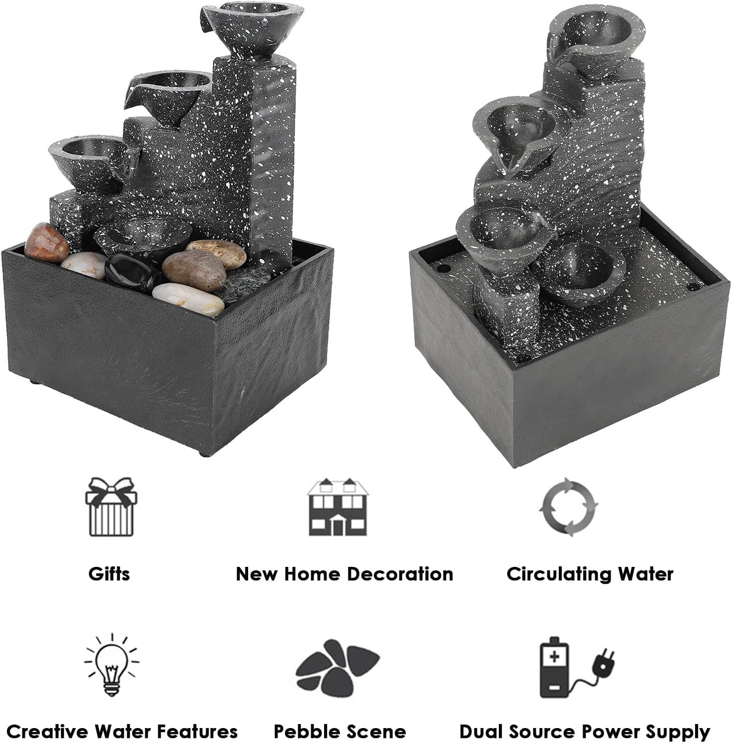 4 Tier Tabletop Fountain with LED Lights and River Rocks