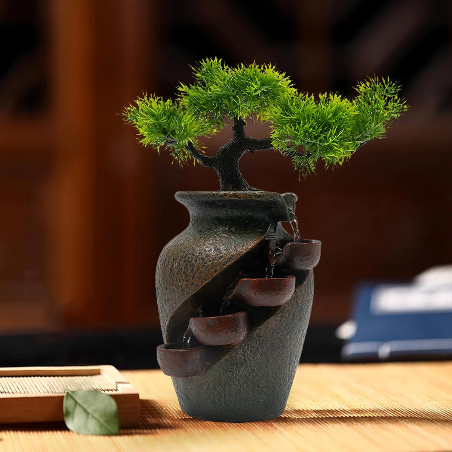 Ageanbri Indoor Tiered Water Fountain with Plants Decor