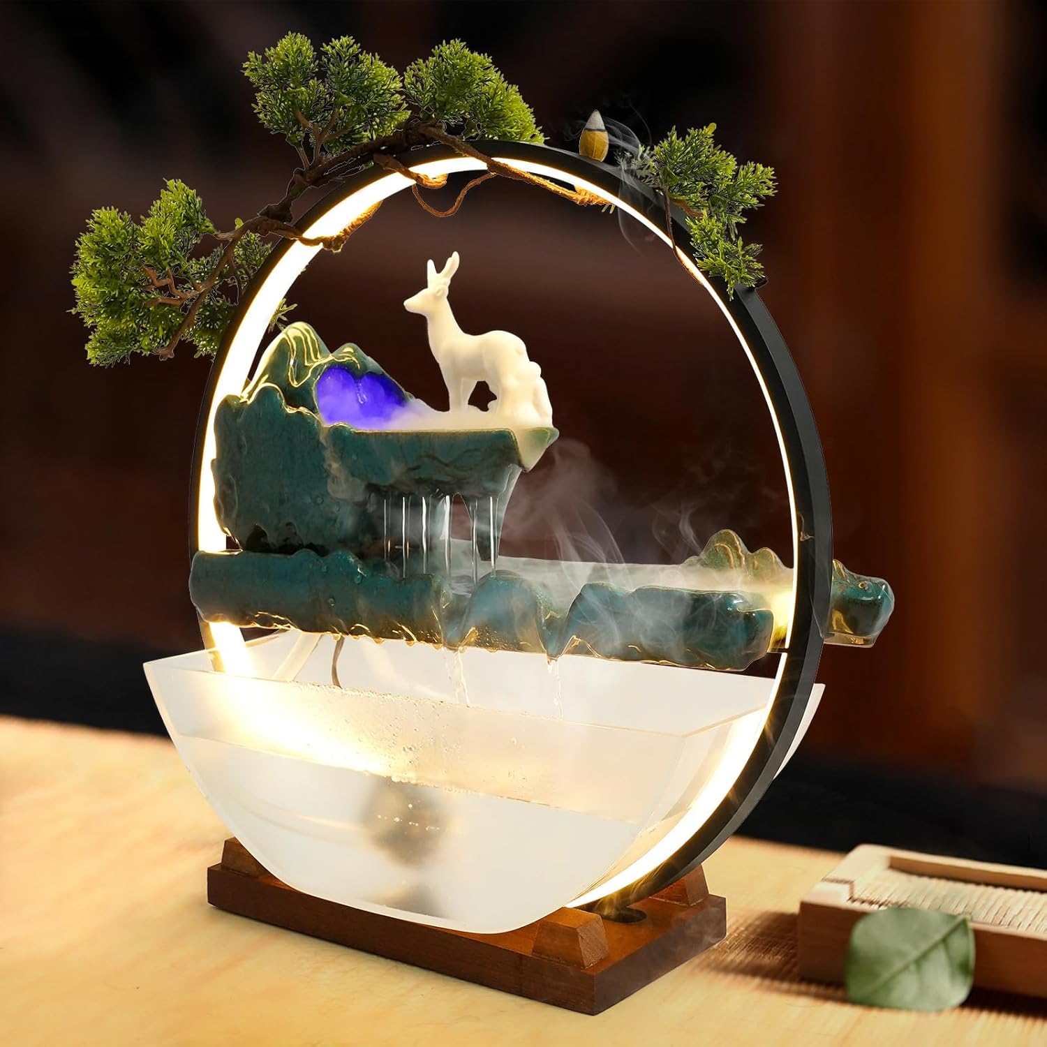 Eapmic Desktop Waterfall Fountain with Fish Tank and LED Light