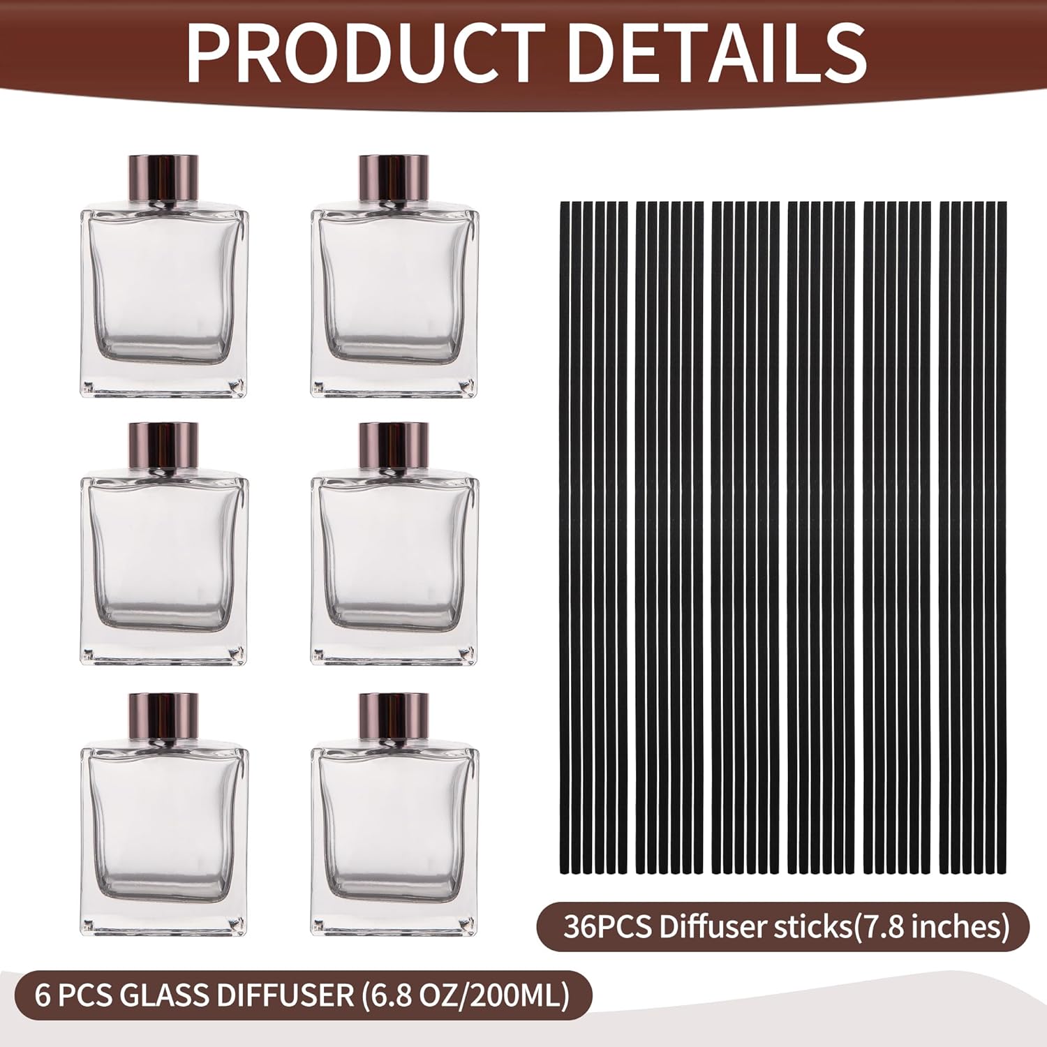 6 Pack Transparent Glass Diffuser Bottles with Black Sticks