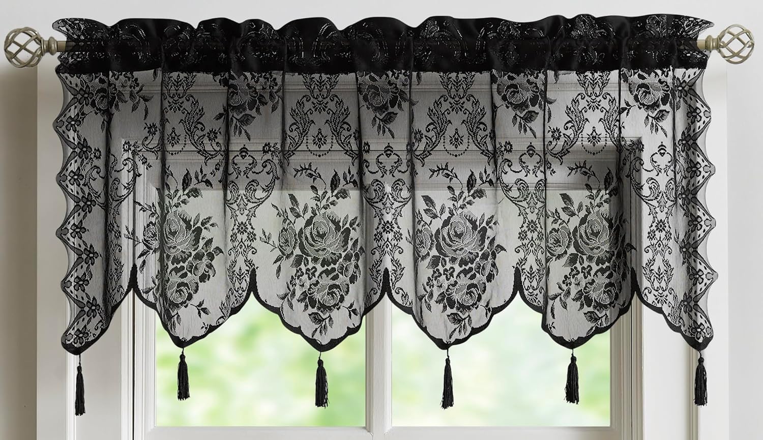 LinenZone Sheer Lace Valance with 6 Tassels and Scalloped Bottom