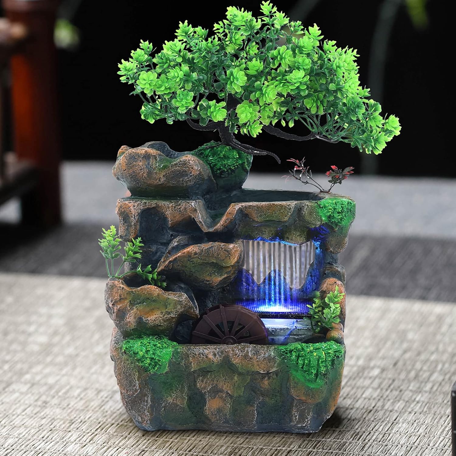 Tabletop Water Fountain with LED Lights and Rockery